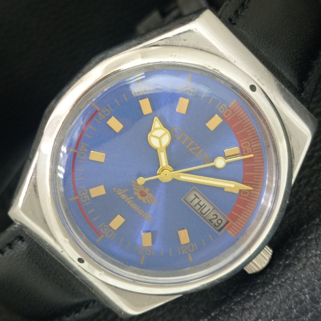 Vintage 1970 Citizen Automatic Mens Silver Watch WDaydate  Blue Accents